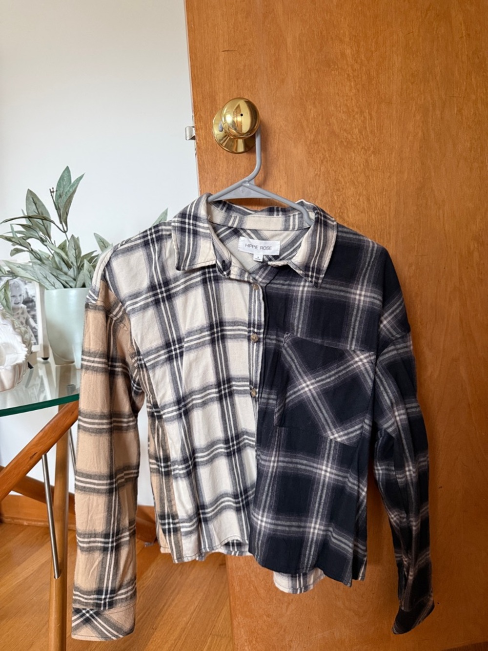 Hippie Rose Two-Tone Plaid Button-Down Shirt in Black, Cream, Tan